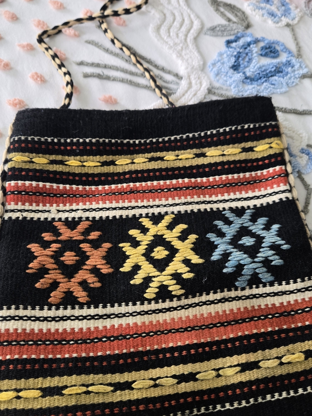 Boho Black Embroidered Crossbody Bag with Multicolor Motifs
